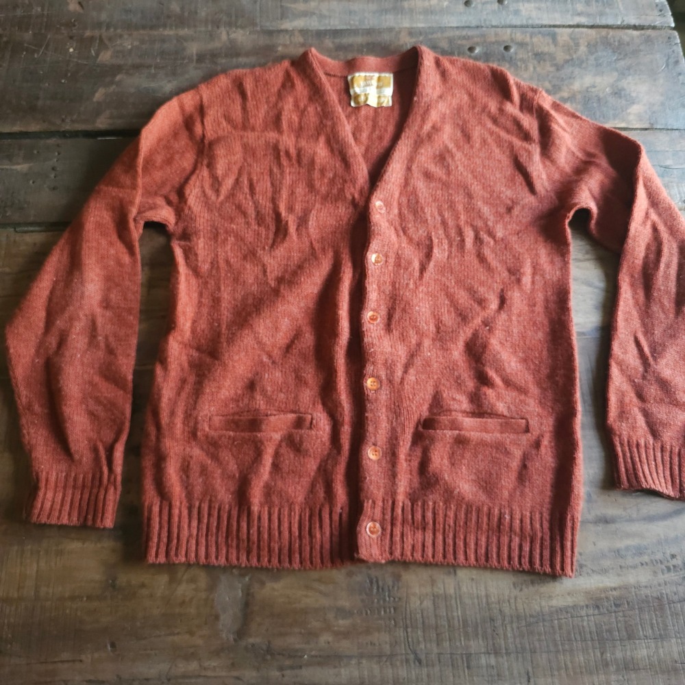 Vintage Jantzen Scotch-Tumble Cardigan Sweater Rust Orange Knit Mens Medium
